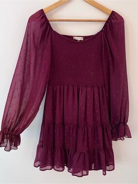 Altar'd State Burgundy Long Sleeve Smocked Tiered Dress
